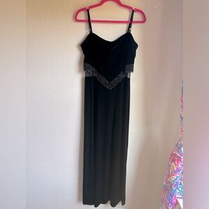 Vintage Patra Black Velvet Beaded Fringe Mesh Paneled Flapper Maxi Dress 10